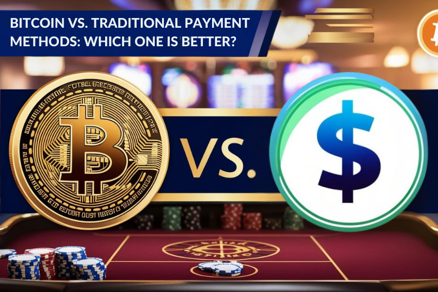 Bitcoin and dollar coin icons displayed against a casino-themed background