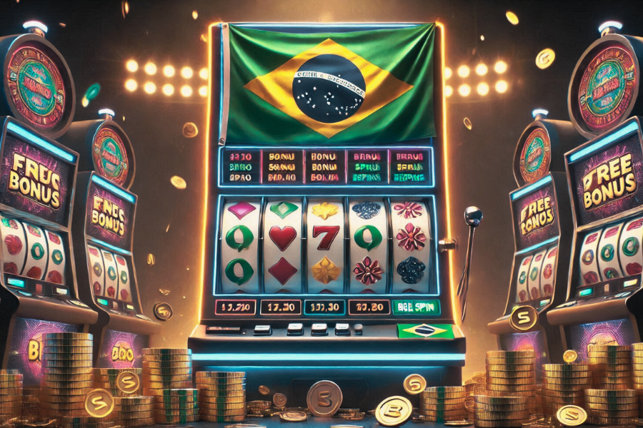 A couple of slot machines featuring the Brazil flag and a display of free casino coins