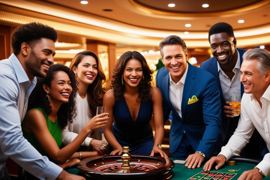 People are smiling around a casino table in Brazil