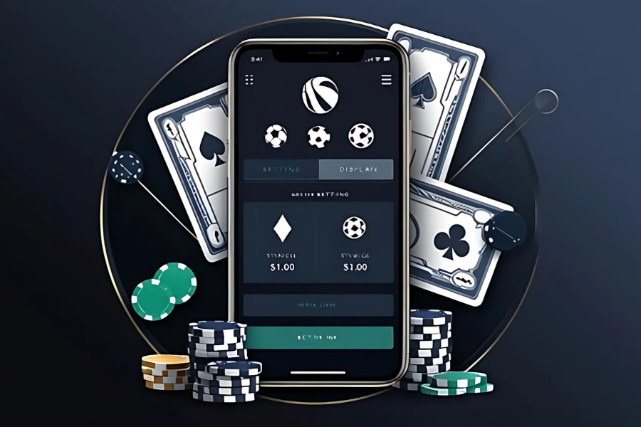 A mobile phone displaying an online betting website surrounded by casino coins and some cards