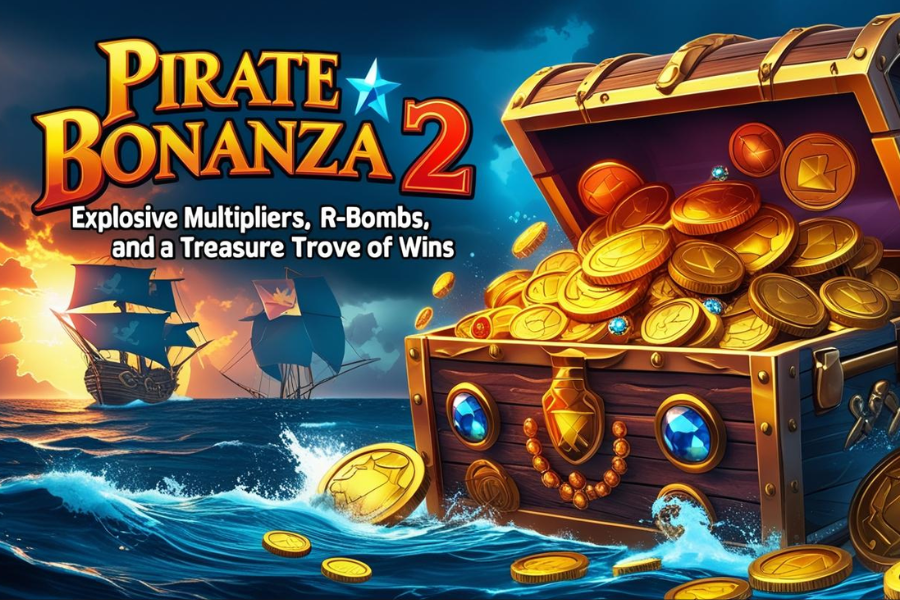 a treasure box on an island with a pirate ship on the sea