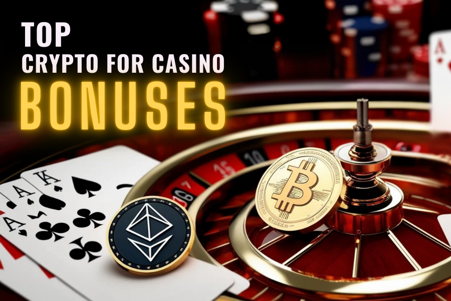 Various cryptocurrencies are placed on a casino table alongside playing cards