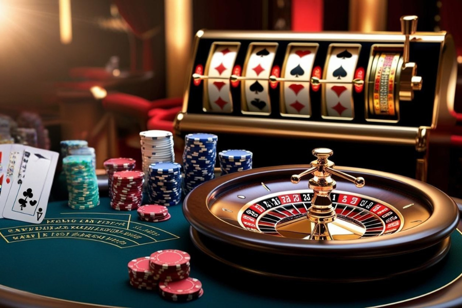 A vibrant casino environment with a slot machine, roulette, poker coins and some cards